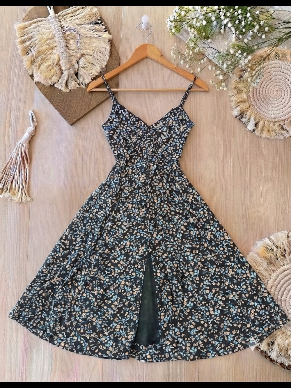 Floral Spaghetti-Strap Midi Dress in Black with Blue and Cream Flowers
